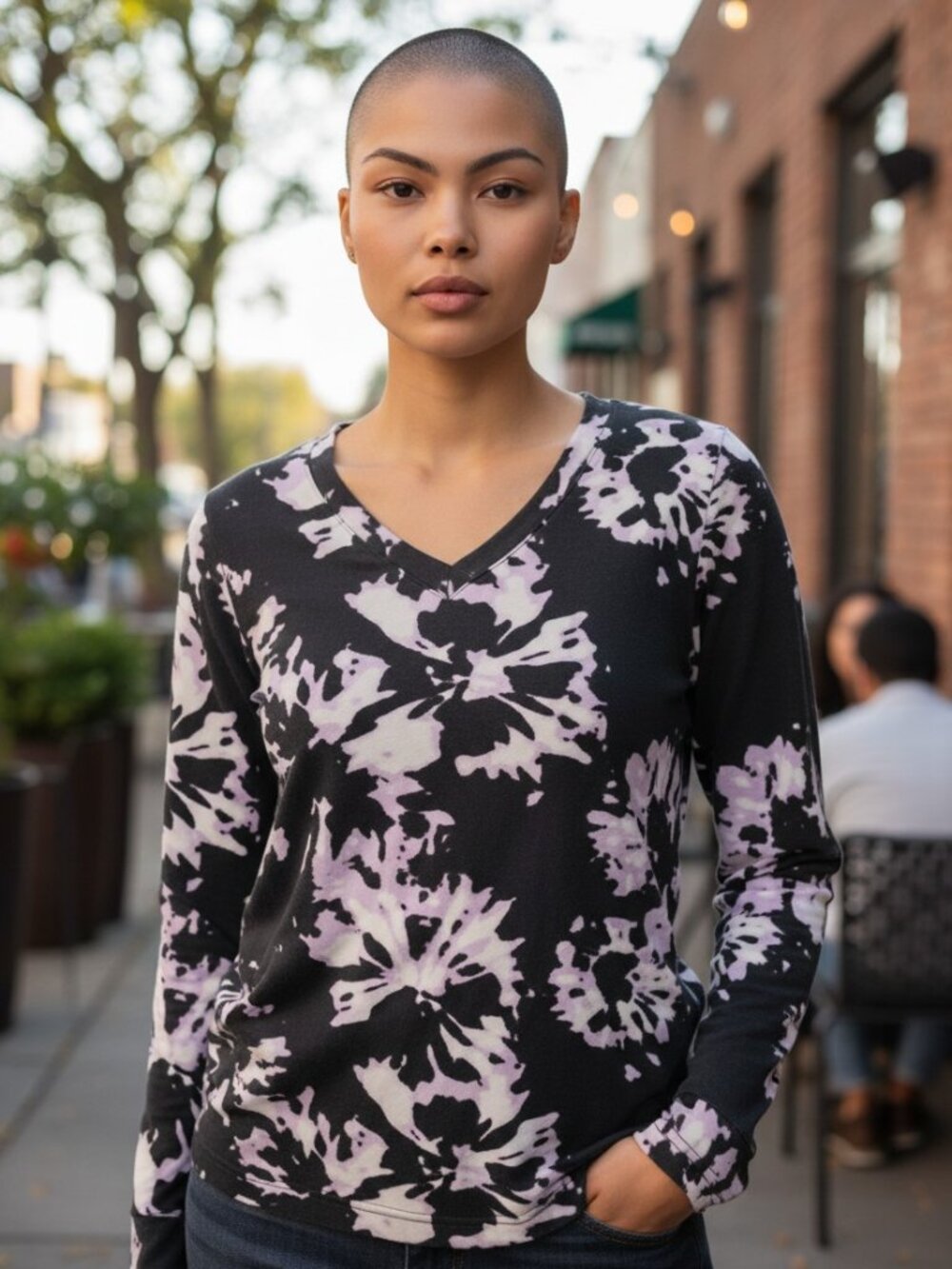 Athleta V-Neck Abstract Print Sweater - Black & Purple - Tencel Blend - Size M